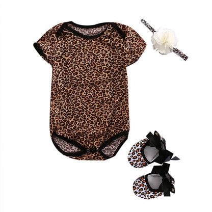Summer Newborn Baby Girl Clothes Floral Leopard Romper Short Sleeve Jumpsuit+Shoe+Hairband 3Pcs Outfits Set