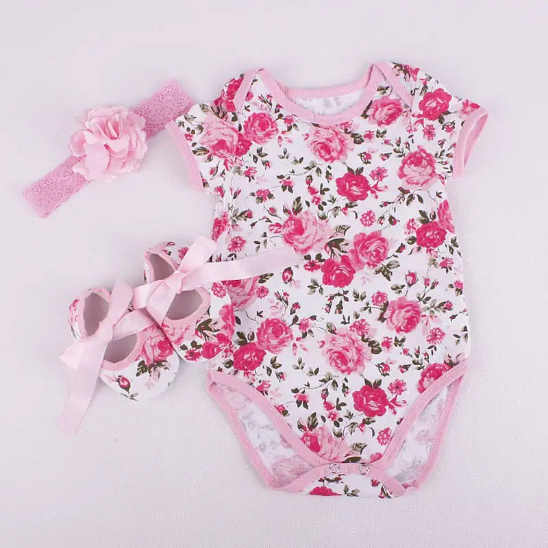 Summer Newborn Baby Girl Clothes Floral Leopard Romper Short Sleeve Jumpsuit+Shoe+Hairband 3Pcs Outfits Set
