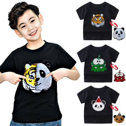 Panda Tiger Dinosaur Sequin Children T Shirt for Boys Tshirts Kids T Shirt Cartoon Print Summer Tops T-shirts for Baby Clothes