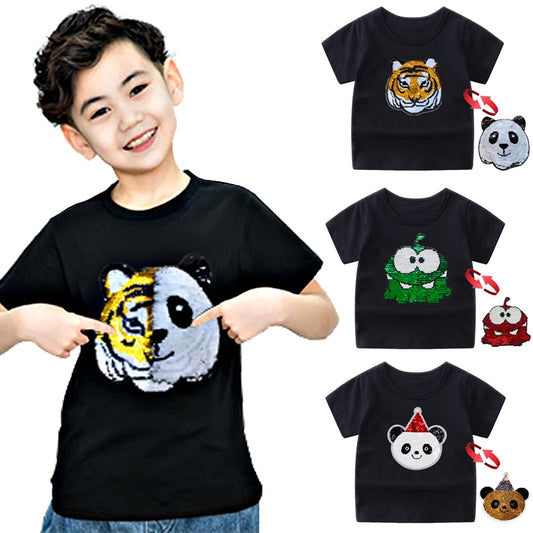 Panda Tiger Dinosaur Sequin Children T Shirt for Boys Tshirts Kids T Shirt Cartoon Print Summer Tops T-shirts for Baby Clothes