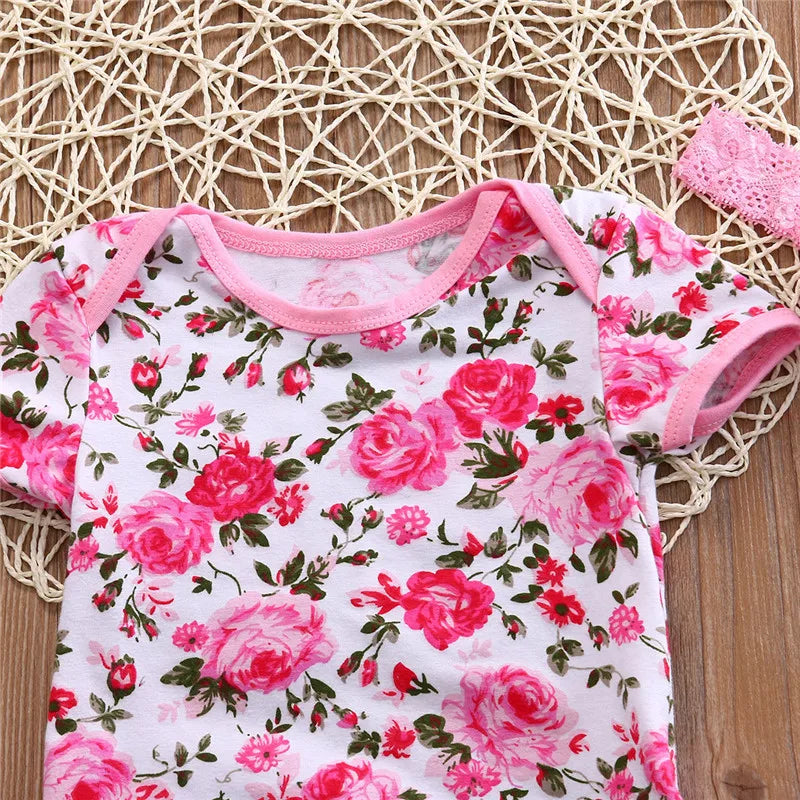 Summer Newborn Baby Girl Clothes Floral Leopard Romper Short Sleeve Jumpsuit+Shoe+Hairband 3Pcs Outfits Set