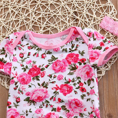 Summer Newborn Baby Girl Clothes Floral Leopard Romper Short Sleeve Jumpsuit+Shoe+Hairband 3Pcs Outfits Set