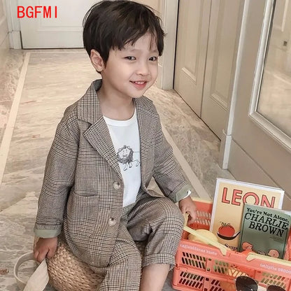 Spring Autumn children's clothing Suit Kids Clothes Boys V-Neck Tops + pants 2 piece set Plaid Formal wear 2-10Y Thin Outerwear