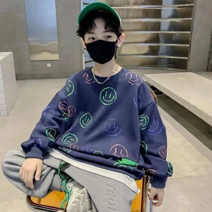 Children's Sweatshirt Autumn Boys Smile Print Long-Sleeved Korean T-Shirt Kids Clothes Fashion Streetwear Black Cotton Costumes