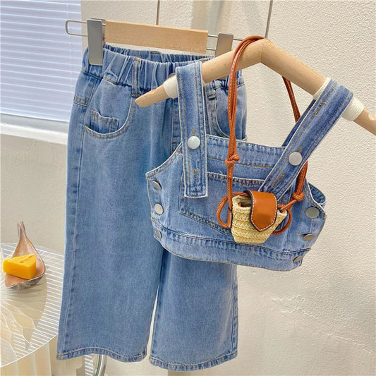 New Summer Girls' Clothing Sets Pocket Buttons Street Denim Vest +Wide-Leg Pants Fashion Baby Kids Outfit Children Clothes Suits