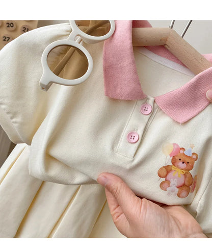 Children's Clothing Sets 2023 Kids Clothes Girls Bear Print Lapel T-shirt Pleated Skirt 2pcs Girl Clothes Baby Girl Outfit Set