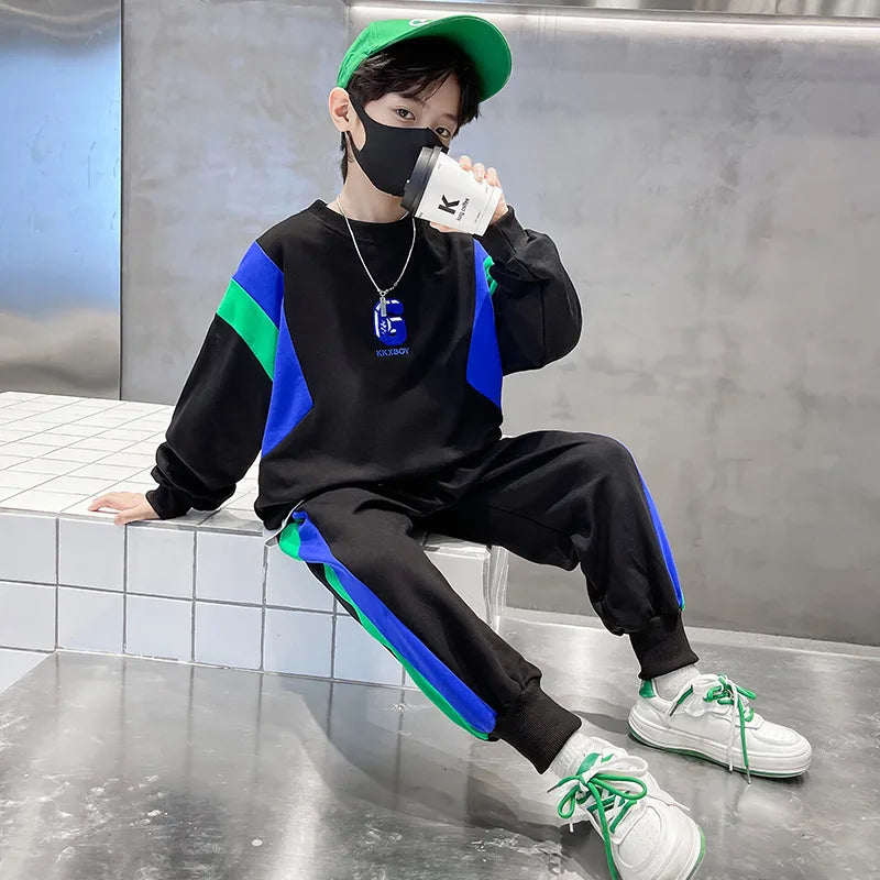 Spring Teenage Boy Clothes Children's Embroidery Letter Sweatshirt and Pants Set Fashion Top and Bottom 2 Pieces Tracksuit