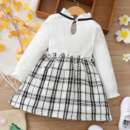 PatPat  Toddler Girl Dresses Ruffle Collar Faux-two Strap Plaid Tweed Long-sleeve Dress for Girl Children Clothes
