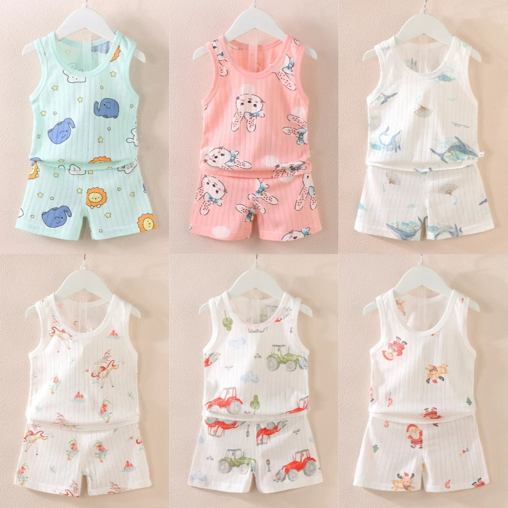 Boys and Girls Cartoon Thin Style Sleeveless Vest Baby Pajamas Sets