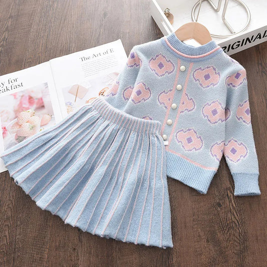 Melario Floral Girls Baby Knitted Clothes Sets Fashion Winter Sweaters Tops Ruffles Skirt Outfits Beading Children Clothes Suit