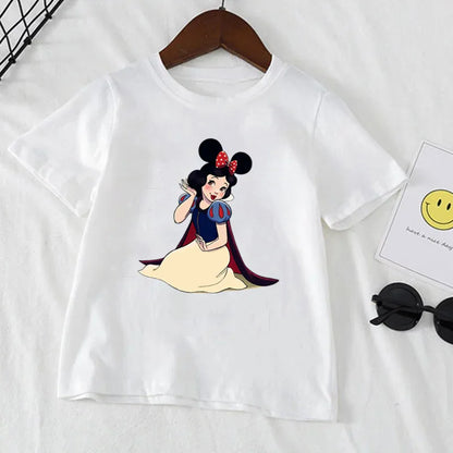 Kawaii Disney Belle Princess Children Clothes Girl T-shirts Summer Short Sleeve 1-12 Years Old Cartoon Kids T-shirt