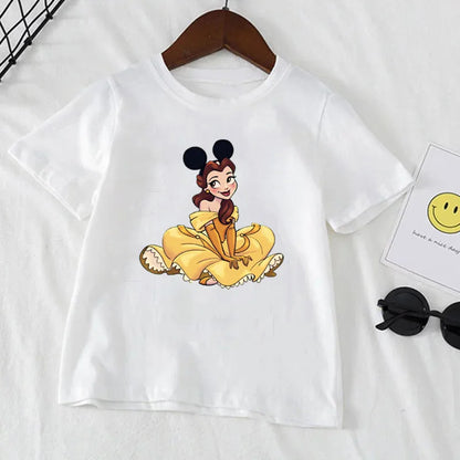Kawaii Disney Belle Princess Children Clothes Girl T-shirts Summer Short Sleeve 1-12 Years Old Cartoon Kids T-shirt