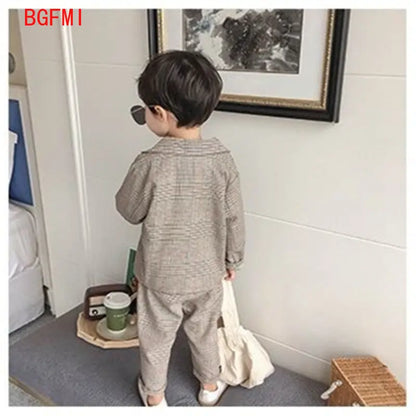 Spring Autumn children's clothing Suit Kids Clothes Boys V-Neck Tops + pants 2 piece set Plaid Formal wear 2-10Y Thin Outerwear