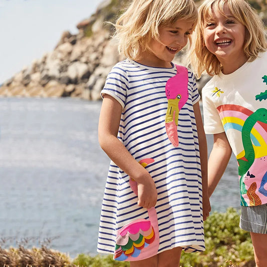 Little maven 2024 Baby Girls Casual Dress Summer Cotton Flamingo Frocks Lovely and Comfort Children Clothes for Toddler Infant