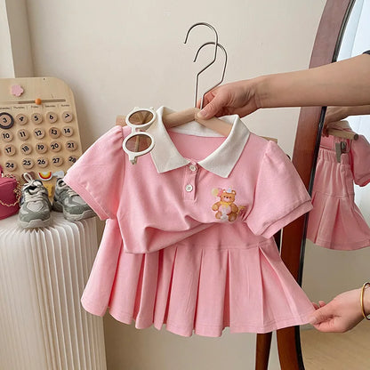 Children's Clothing Sets 2023 Kids Clothes Girls Bear Print Lapel T-shirt Pleated Skirt 2pcs Girl Clothes Baby Girl Outfit Set