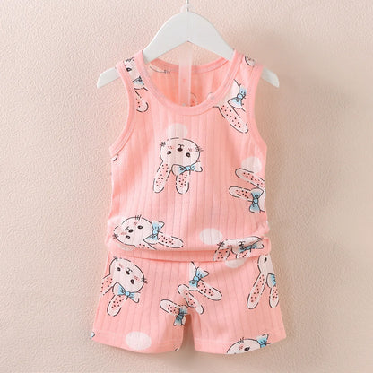 Boys and Girls Cartoon Thin Style Sleeveless Vest Baby Pajamas Sets