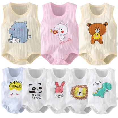 Cartoon Cotton Newborn Baby Romper Sleeveless Clothes Boys Girls Short Sleeves Jumpsuit Vest 0-24M