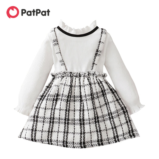 PatPat  Toddler Girl Dresses Ruffle Collar Faux-two Strap Plaid Tweed Long-sleeve Dress for Girl Children Clothes