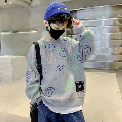Children's Sweatshirt Autumn Boys Smile Print Long-Sleeved Korean T-Shirt Kids Clothes Fashion Streetwear Black Cotton Costumes