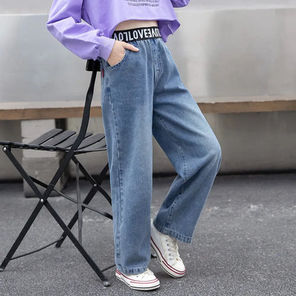 New Jeans For Girls Patchwork Kids Jeans For Girls Letter Patern Kids Jeans Casual Style Children Clothes 6 8 10 12 14 years